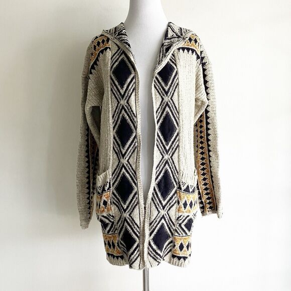 Lucky Brand Small Hooded Cardigan Sweater Open Pockets Aztec Southwestern Boho